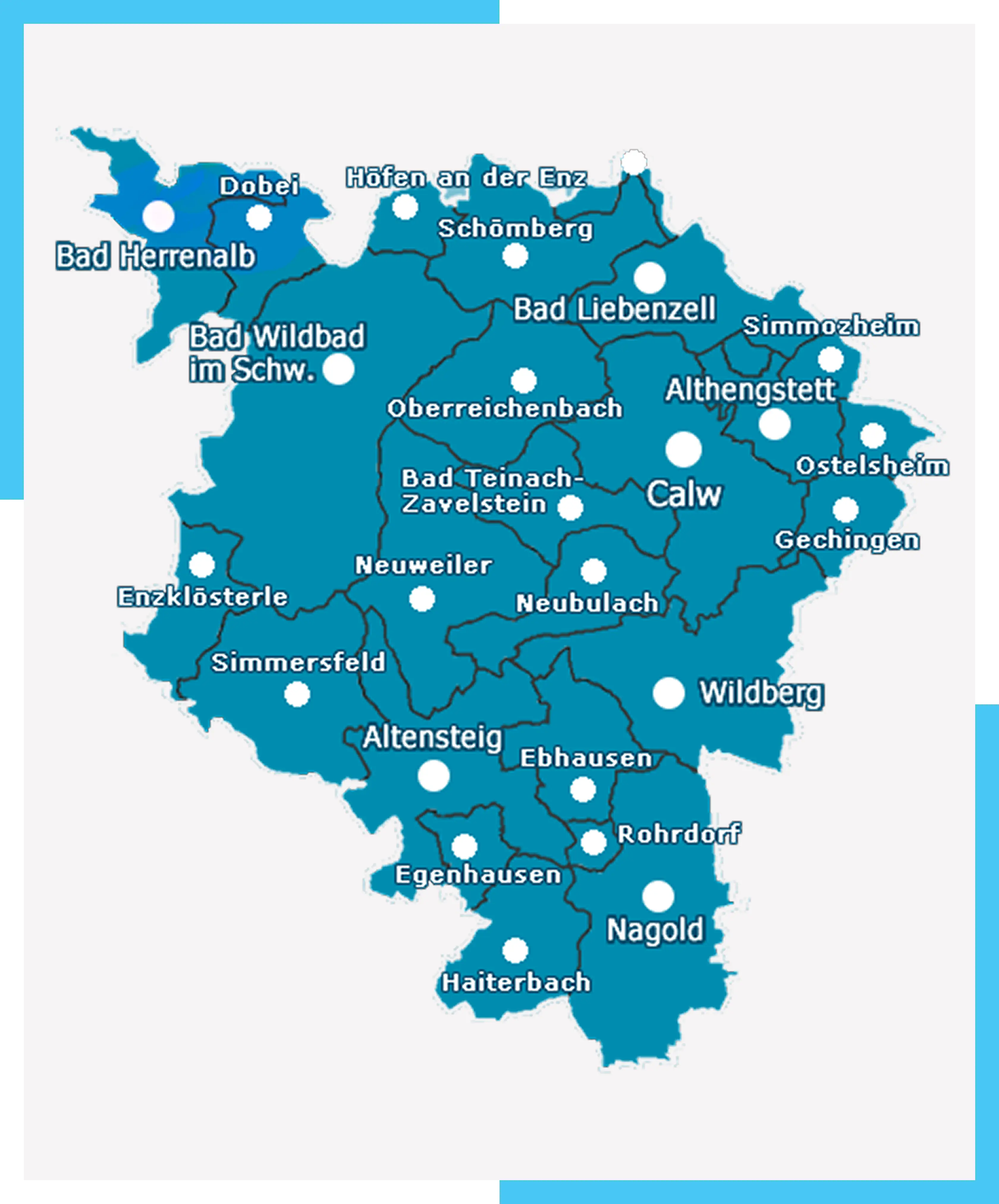 Karte des Landkreises Calw mit betreuten Städten und Gemeinden