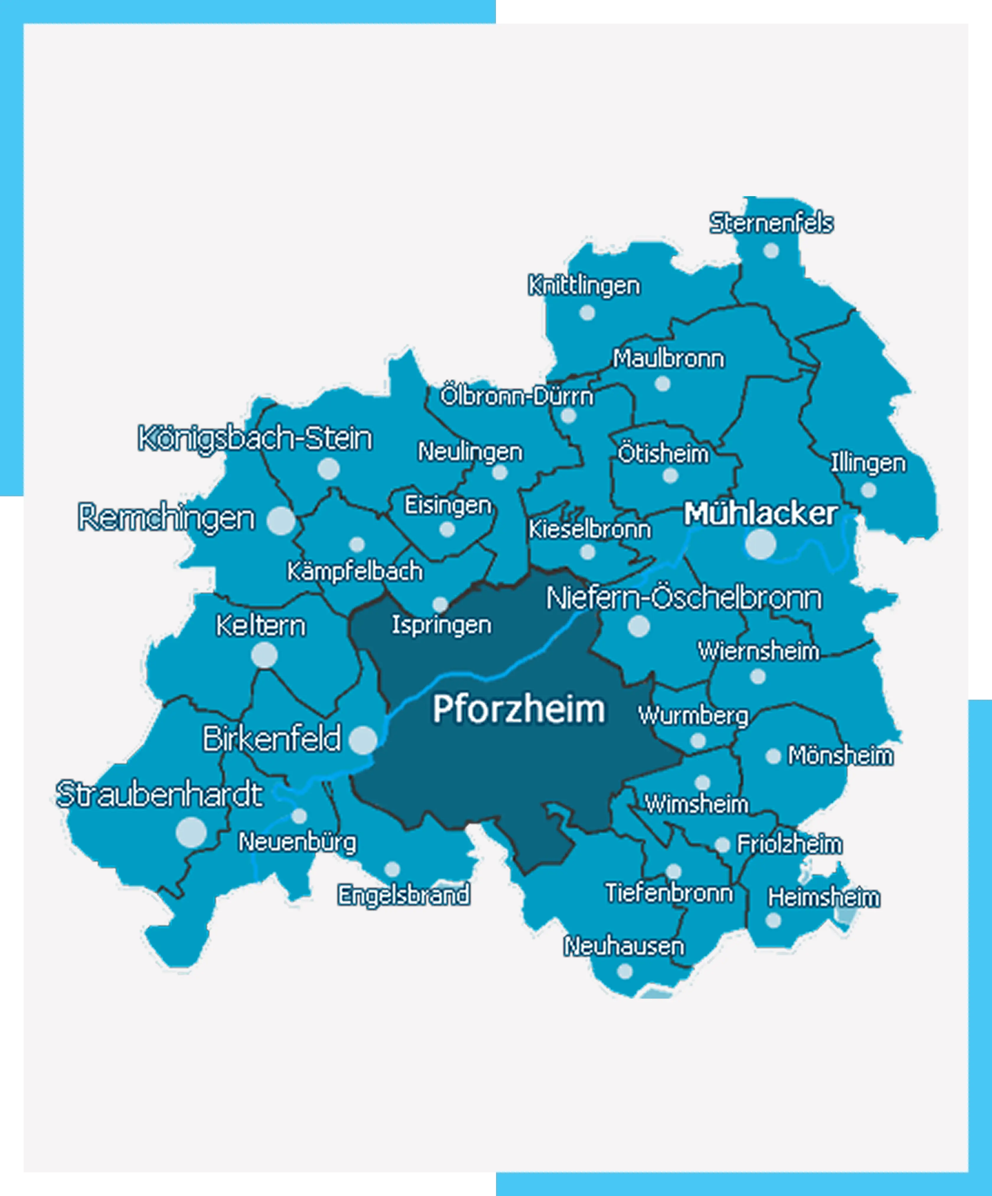 Karte des Enzkreises mit betreuten Städten und Gemeinden